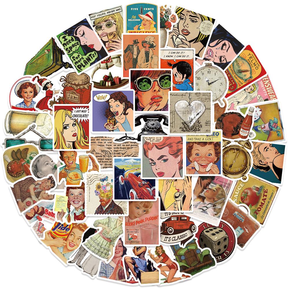 10/52 Uds. Póster clásico Vintage para mujer, pegatinas Retro impermeables, DIY, diario, portátil, equipaje, monopatín, pegatinas de juguete para niños y niñas
